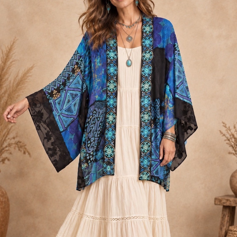 Chico's Silk Blend Kimono Wrap Blue Patchwork Boho Embroidered Cardigan S/M e5